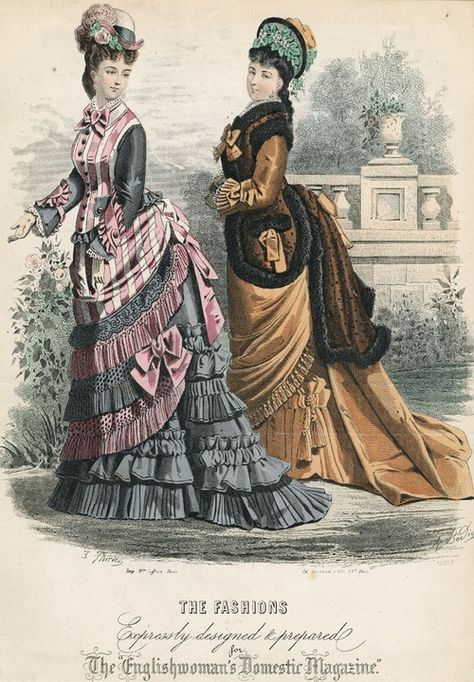 October fashions, 1875 England, The Englishwoman’s Domestic Magazine 1875 Fashion, 1870 Fashion, Victorian Bustle, 1870s Fashion, Victorian Era Fashion, October Fashion, Victorian Costume, 19th Century Fashion, History Fashion