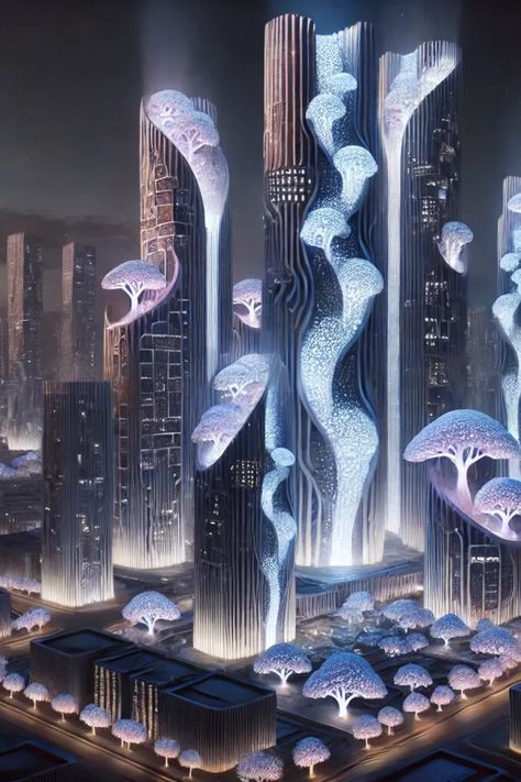 Futuristic Water City, Biopunk City, Biopunk Art, Sci Fi City Futuristic Architecture, Futuristic City Utopia, Futuristic Environment, Biophilic Architecture, Night Cityscape, Future Technology Concept