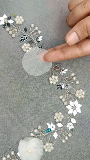 Mirror Work Lace, Mirror Embroidery Motifs Design, Spring Tulle Fabric With 3d Lace Embroidery, 3d Flower Embroidery Couture, Floral Embellished Lace Fabric In Flower Shape, Simple Hand Embroidery Patterns, Hand Beaded Embroidery, Making Fabric Flowers, Simple Embroidery Designs