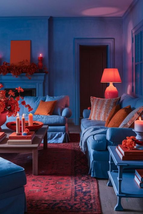 Navy Couch Colorful Living Room, Navy Couch Living Room Color Schemes, Blue Couch Room, Red And Blue Interior, Living Room With Blue Sofa, Orange Living Room Ideas, Blue And Orange Living Room, Couch Room, Orange Accent Walls