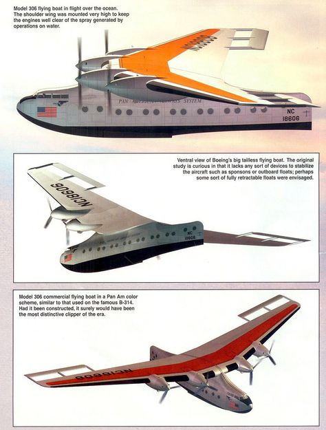 https://flic.kr/p/ceM6Xs | Boeing Model 306 Flying Boats | From Boeing Flying Wings of 1935 by Jared A. Zichek. Airpower, 2005  As seen @ Secret Projects Crimson Skies, Amphibious Aircraft, Sea Plane, Flying Wing, Diesel Punk, Experimental Aircraft, Flying Boat, Aircraft Art, Vintage Airplanes