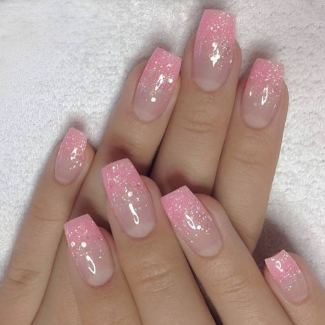 Faded Pink Nails, Pink Glitter Fade Nails, Pink Ombre Glitter Nails, Pink Sparkle French Tip Nails, Pink And White Glitter Nails, Pink Glitter Ombre Nails, Light Pink Nails With Glitter, Light Pink Glitter Nails, Pink Ombre Nails Glitter