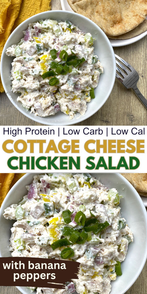 chicken salad with cottage cheese, banana peppers, red onions and celery Chicken Salad With Cottage Cheese And Banana Peppers, High Protein Spinach Salad, Creamy High Protein Chicken Salad, Low Carb High Protein Chicken Salad, Protein Chicken Salad Recipe, Low Calorie High Protein Chicken Salad, Chicken Salad Recipe High Protein, Tighter Together Recipes, Easy Meals High Protein