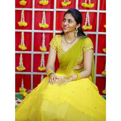 Srinithi In Style Boutique 💃🏻 (@srinithiboutiquee) • Instagram photos and videos Half Sarees For Haldi, Haldi Half Saree, Haldi Half Saree For Bride, Half Saree For Haldi, Haldi Blouse Design For Bride, Simple Haldi Ceremony Outfit For Bride, Haldi Bride Outfit, Haldi Lehenga For Bride, Haldi Dress For Bride Indian