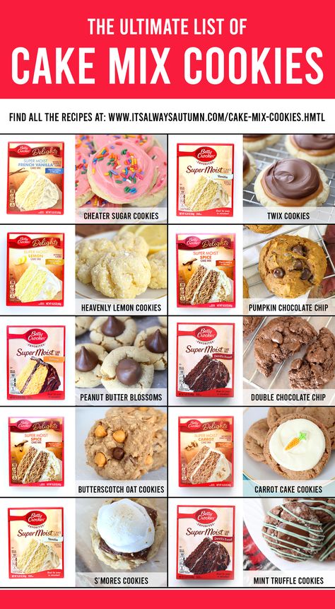 Find out how to make any flavor of cake mix cookies you want! The ultimate cake mix cookie recipe guide. Cookies Flavors, Cake Mix Cookie Recipe, Betty Crocker Cake Mix, Betty Crocker Cake, Boxed Cake Mixes Recipes, Cake Mix Cookie, Cake Mix Desserts, Carrot Cake Cookies, Cake Mix Cookie Recipes