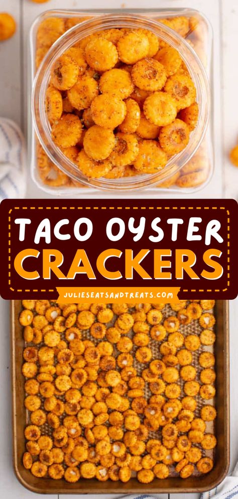 An easy game day appetizer in just 30 minutes! This seasoned crackers recipe is the perfect addition to your Super Bowl party. Wonderfully crunchy and deliciously spicy, these Taco Oyster Crackers are an addicting football food! Salty Party Snacks Appetizers, Recipes With Crackers, Savory Oyster Crackers Recipe, Snacks For Party Finger Food Easy, Togo Snack Ideas, Club Crackers Recipes, Recipes With Oyster Crackers, Snacks For Men At Work, Food To Bring To The Lake