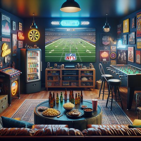 A lively man cave with a football game on a large TV, poker table, mini-fridge & snacks, foosball, and a dartboard. Comfy leather seating & popcorn machine convey coziness. Neon signs, jukebox sounds, and warm lighting add to the fun, welcoming vibes.

#ManCave #FootballGame #PokerTable #Foosball #Dartboard #LeatherFurniture Small Game Rooms For Adults, Basement Poker Room, Foosball Table Room, Fridge Snacks, Garage Hangout, Football Man Cave, Small Man Cave, Teen Hangout, Cave Design