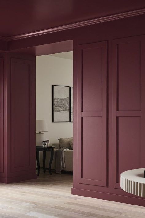 Behr Paint just revealed its 2025 Color of the Year as Rumors, a deep and dynamic ruby red that reimagines this classic shade. #details #easyhomedecorideas #homedecorinspiration #homeimprovementideas #marthastewart Sherwin Williams Stolen Kiss, Deep Rose Paint Color, Raddichio Farrow And Ball, Sw River Rouge, Deep Red Wall Paint, Maroon Ceiling, Rumors Behr Paint, Burgundy Accent Wall Living Room, Mulberry Paint Color