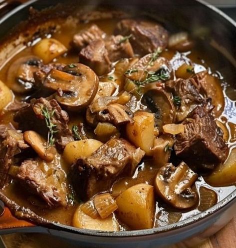 Mediterranean Diet & Recipes For Beginners | Classic French Beef Stew with Mushrooms | Facebook Beef Stew With Mushrooms, Stew With Mushrooms, Beef And Mushroom Stew, French Beef Stew, Beef Chunks, Beef Stew Meat Recipes, Beef Mushroom, Crispy Quinoa, Mushroom Stew