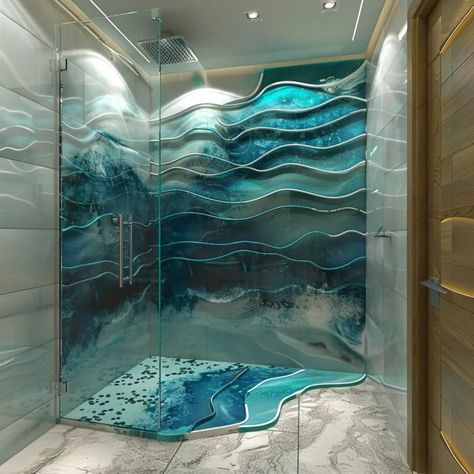 Shower in Paradise: Discover Stunning Ocean-Themed Showers Sea Glass Tile, Glass Bathtub, Ocean Themed Bathroom, Ocean Bathroom, Pebble Floor, Themed Bathroom, Bathroom Oasis, Shower Designs, Coral Garden