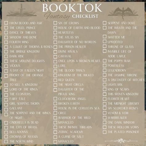 Some lists I found on Pinterest. There are soooo many I haven’t read. Have I even been reading???? Each one has a blank one so you can see how many you’ve read. Sorry to your TBRs 🫣🫣 Booktok Reading Checklist, Booktok Book List, Fantasy Book Challenge, Fantasy Reading List, Book Checklist Template, Fantasy Book Checklist, Booktok Fantasy Checklist, Popular Fantasy Books, Booktok Checklist Romance