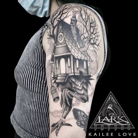 Lark Tattoo, Apocalypse Tattoo, Baba Yaga House, House Tattoo, Yoga Tattoos, Baba Jaga, Mother Tattoos, Leg Tattoo Men, Piercing Aftercare