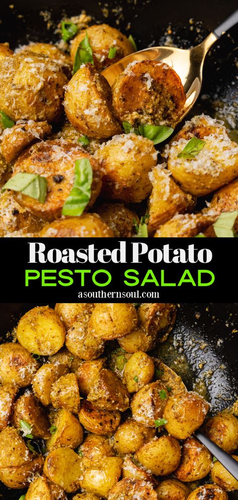 Warm, luscious potatoes infused with pesto and fresh herbs topped off with a sprinkle of Parmesan cheese…friends, this is potato salad done right. This recipe is an excellent choice for serving at parties, potlucks, or dining outside since it doesn’t contain ingredients that need to be refrigerated. Pesto Potato Salad, Soul Recipes, Dining Outside, Warm Potato Salads, Potato Salads, Pesto Salad, 2023 Recipes, Grilled Roast, Roasted Potato