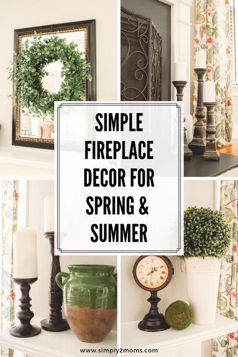 Simple fireplace decor ideas for spring and summer from www.simply2moms.com | #decor #boxwood #green #mirror #mantel #farmhouse Simple Fireplace Decor, Summer Mantel Decorating Ideas, Spring Fireplace Decor, Fireplace Decor Ideas, Spring Mantle Decor, Farmhouse Mantle Decor, Farmhouse Mantle, Summer Mantel, Spring Mantle