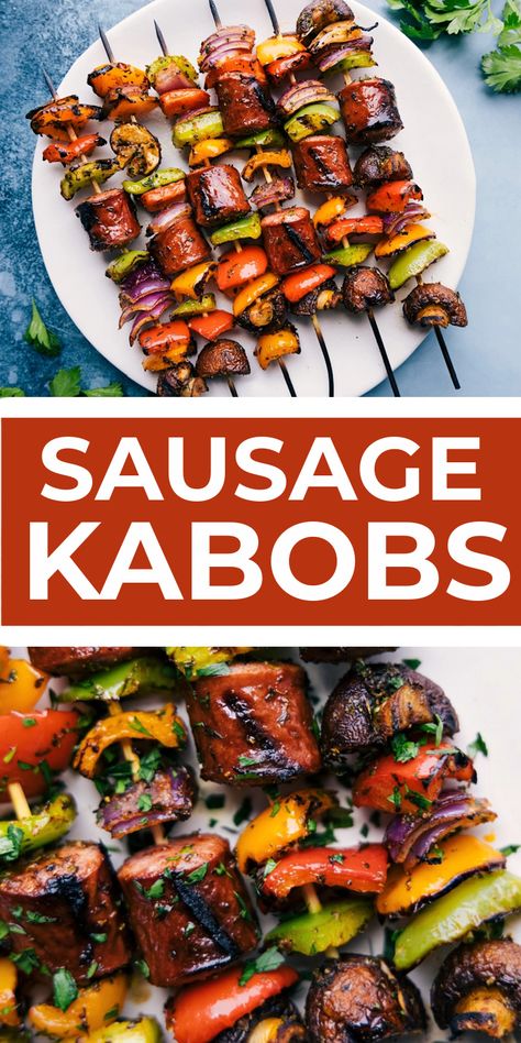 Chicken And Sausage Kabobs On The Grill, Kabobs On The Grill Sausage, Polish Sausage Kabobs, Kielbasa Kabobs On The Grill, Chicken Sausage Skewers, Sausage Kebabs Skewers, Chicken Sausage Kabobs, Smoked Sausage Grill Recipes, Smoked Sausage Skewers