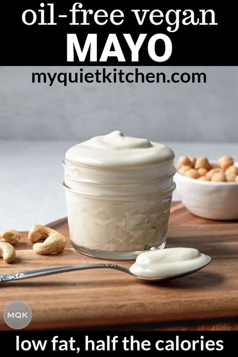 Creamy, tangy aquafaba mayo made at home with just 8 ingredients. This oil-free vegan mayo has half the calories (and even less than half the fat) of traditional mayonnaise yet still tastes luxuriously rich. Plant-based (WFPB) and ready in minutes! NO soy, gluten, oil, coconut, or eggs. Homemade Vegan Mayonnaise Recipe, Diy Vegan Mayonnaise, Cashew Mayo Vegan, Aquafaba Mayonnaise, Aquafaba Mayo, Oil Free Vegan Mayonnaise, Vegan Mayo Aquafaba, Vegan Mayonaise, Vegan Spreads