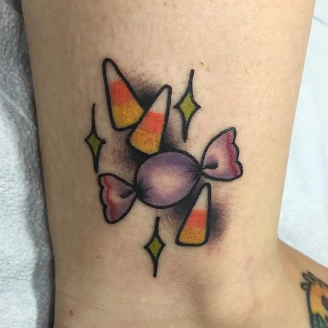 Halloween Candy Tattoo, Candy Corn Tattoo, Corn Tattoo, Candy Tattoo, Traditional Tattoos, Colorful Candy, Halloween Candy, Candy Corn, Leaf Tattoos