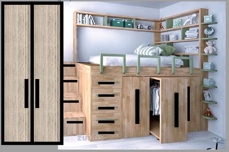 found the basic loft bed on Pinterest, will have 3 pull out closets for shirts, skirts, etc. drawers take up last space under bed for folded clothes. steps have pull out drawers. then a tall closet at end for long dresses and more storage Bed With Pull Out Closet, Dresser Under Bed, Pullout Closet, Closet Under Bed, Under Bed Closet, Tall Closet, Make A Closet, Bedroom Workspace, Bed Lifts