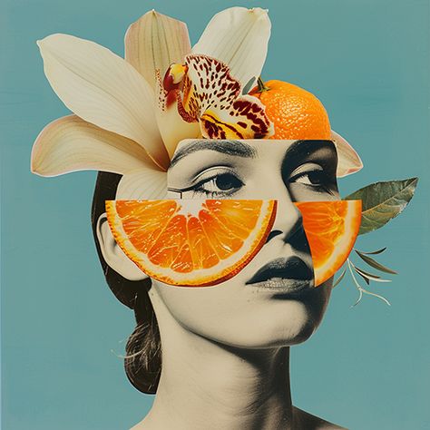 Surreal and quirky art collage featuring a woman's portrait made with fruits and flowers, creating a unique artistic vibe.  #ArtsyAF #SurrealVibes #QuirkyArt #CollageMagic #OrangeSlicePortrait #FlowerPower #ProfilePicGoals #ArtisticVision #PinterestInspo #CreativeCollage Fruit Portrait, Surrealism Collage Art, Fruit Surrealism, Drink Collage Art, Fruits Collage Art, Surreal Portrait Collage, Fruit Collage, Quirky Art, Business Card Maker