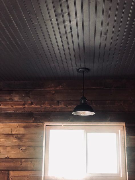 Beadboard ceiling in Urbane Bronze by Sherwin Williams Beadboard Paneling Ceiling, Beadboard Panel Ceiling, Black Beadboard Ceiling, Brad Board Ceiling, Beadboard Walls And Ceiling, Pnw Farmhouse, Hobbit Cottage, Black Beadboard, Urbane Bronze