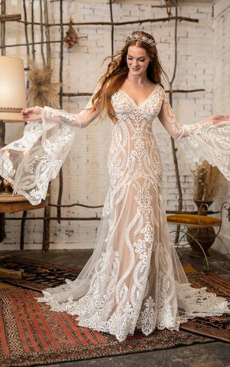 All Who Wander Lenox | Gypsy-inspired wedding dress with flared bell sleeves | Long-sleeve wedding dress | Gypsy wedding dress | Boho wedding dress | Wide keyhole back | Flowing train | Lace and tulle | K&B Bridals Boohoo Wedding Dress, Boohoo Wedding, Bell Sleeve Wedding Dress, Wedding Dresses Australia, Boho Wedding Gowns, Kleinfeld Bridal, All Who Wander, Dresses Australia, Sleeve Wedding Dress