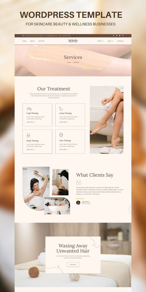 Waxly is a modern and clean Elementor Template Kit that is perfect for those who want to create a professional-looking WordPress-based website for a Waxing & Threading Salon, Spa, Wellness, and any other beauty care business. Wordpress Website Template, Aesthetic Websites, Cosmetic Web, Website Trends, Face Wax, Waxing Salon, Cosmetic Clinic, Spa Business, Spa Wellness