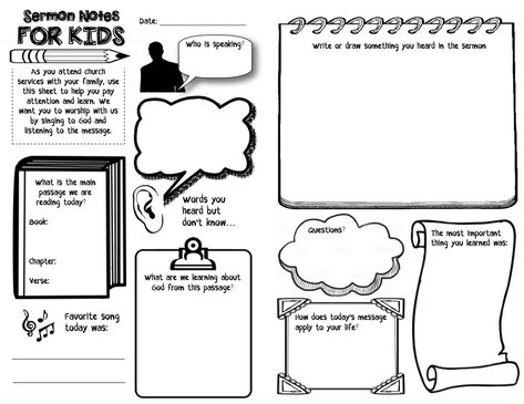 Get this Sermon Notes for Kids page today to print and use at your church! #church #kidschurch #sermonnotes #childrensbulletin Family Worship Ideas, Sermon Notes For Kids, Church Journal, Bible Doodles, Church Lobby, Worship Ideas, Childrens Sermons, Blessing Bags, Church Sermon