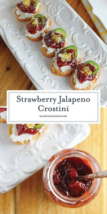 Strawberry Jalapeño Crostini are a sweet heat perfect for a quick snack or entertaining. Sweet, spicy and savory, they are the perfect blend! #crostinirecipes www.savoryexperiments.com Spicy Canapes, Charcuterie Board Ideas Sweet And Savory, Outdoor Wedding Appetizers, Sweet And Spicy Appetizers, Sweet And Spicy Charcuterie Board, Sweet Crostini, Crustini Appetizers Summer, Crostini Appetizers Easy, Crostini Board