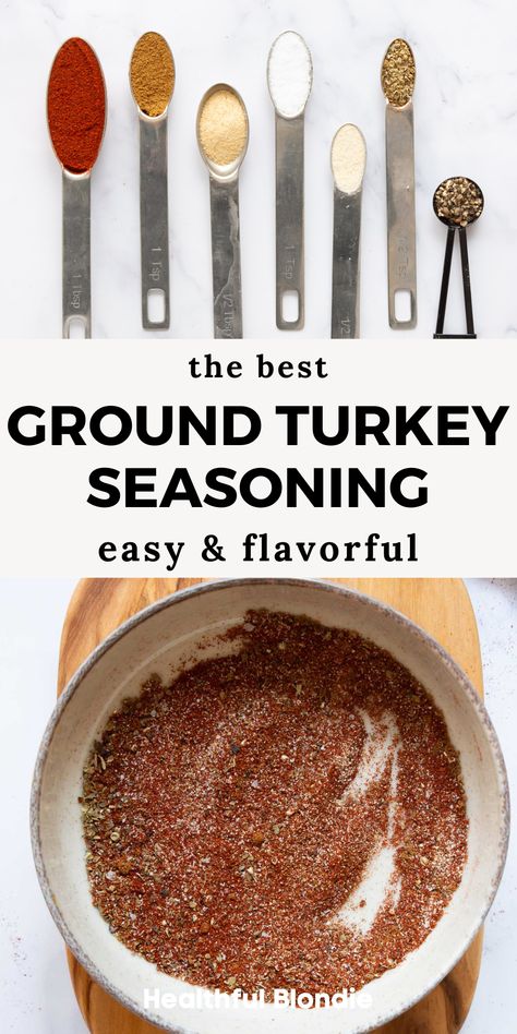 This 5-star turkey seasoning is the best way to add lots of flavor to lean ground turkey. Homemade seasoning mix takes 2 minutes to make, and you can store the extra for months. Here's your guide on how to perfectly season ground turkey! Ground Turkey Taco Seasoning, Best Seasoning For Ground Turkey, Best Way To Season Ground Turkey, Ground Turkey Seasoning Healthy, Ground Turkey Seasoning Spices, How To Make Ground Turkey Taste Better, Ways To Season Ground Turkey, How To Season Turkey, Ground Turkey Seasoning Recipes