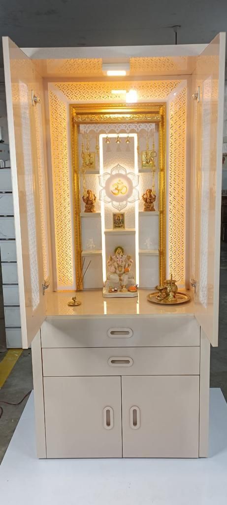 Pooja Inside Design, Space Saving Pooja Unit, Marble Home Temple, Small Puja Unit, Small Temple Design For Home Modern, Home Temple Ideas Puja Room Small, Modern Mandir Design Small, Small Mandir Design, Mandir With Storage