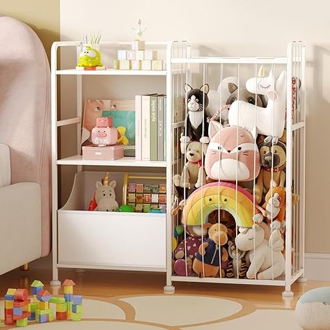 BBLIKE Stuffed Animal Storage - Stuffed Animal Net with Kids Bookshelf and Toy Organizer, 2-Tier White Bookshelf with Stuffed Animal Holder and Fabric Toy Chest for Kids Room, Playroom, Nursery  #homedesign #homedecor #housedesign #housedecor #room #roomdecor #roomdesign #interior #design #home #house #furniture #decor #bedroom #kitchen #livingroom Cute Way To Store Stuffed Animals, Small Room Toy Storage, Teddy Bear Storage Ideas, Ways To Store Stuffed Animals, Stuff Animal Storage Ideas, Girl Toy Storage, Storing Stuffed Animals, Stuffed Animal Net, Stuffed Animal Holder