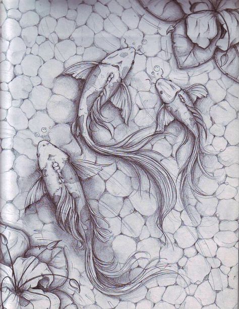 fish in a pond by denxio Karp Koi, Fish Sketch, Koi Fish Drawing, Koi Art, Koi Fish Tattoo, Two Fish, Fish Drawings, Fish Swimming, Water Colors