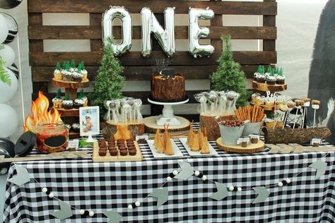 Wild One birthday party table decorations and cake #wildoneparty #wildonepartyideas #wildonepartydecor #wildonebirthdayparty #wildonebirthdaypartydecorations #wildonebirthdaypartyideas #kidsbirthdayparty #firstbirthdaypartyideas #boybirthdayparty #girlbirthdayparty Wild One Birthday Party Ideas, One Birthday Party Ideas, Happy Camper Birthday Party, Adventure Birthday Party, Camp Birthday, Camping Theme Birthday Party, Camping Theme Birthday, Lumberjack Birthday Party, Birthday Party Table Decorations