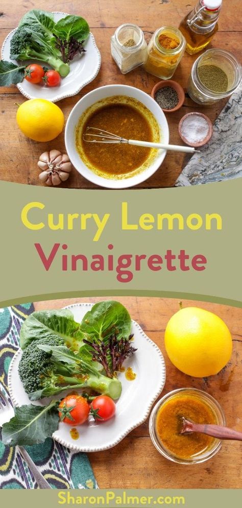 Curry Lemon Vinaigrette - Sharon Palmer, The Plant Powered Dietitian Creamy Lemon Vinaigrette, Healthy Vinaigrette, Salad Dressing Recipes Homemade, Wfpb Recipes, Marinated Tofu, Lemon Vinaigrette, Homemade Salads, Vinaigrette Dressing, Vegan Healthy