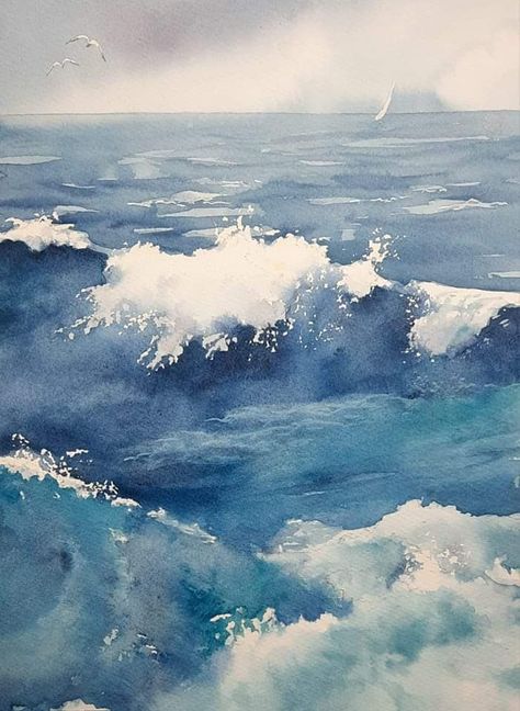 Ocean Waves Watercolor Painting, Sea Waves Watercolor, Watercolour Seascapes, Sea Watercolor Painting, Ocean Watercolor Painting, Watercolour Ocean, Coastal Inspired Art, Waves Watercolor, Ocean Art Painting