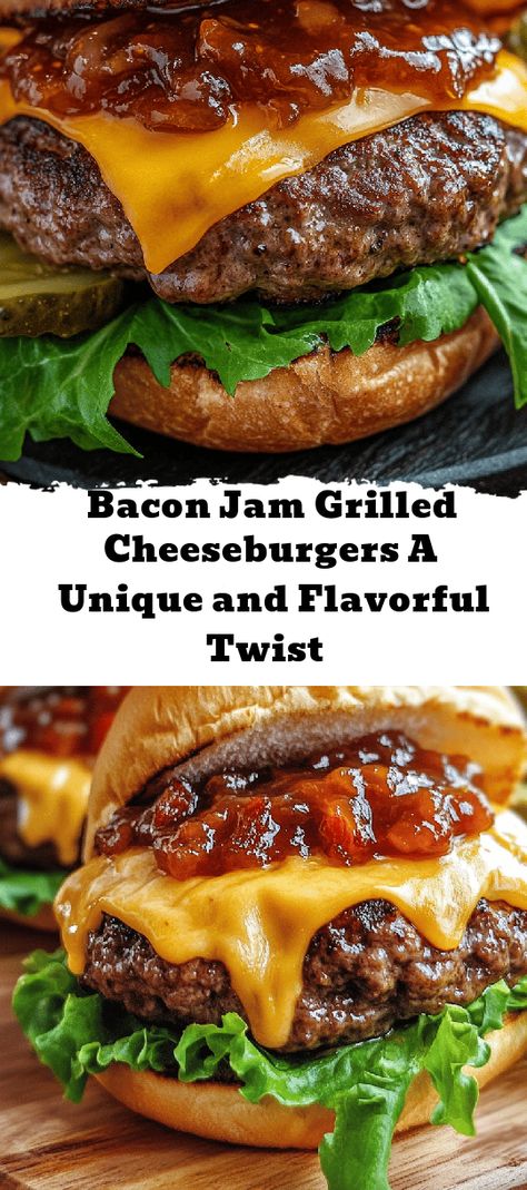 Discover a mouthwatering twist on the classic cheeseburger with Bacon Jam Grilled Cheeseburgers! This delicious recipe features juicy beef patties topped with homemade bacon jam, blending smoky, sweet, and savory flavors for an unforgettable taste experience. Perfect for barbecues or cozy dinners, these burgers are sure to impress your family and friends. With easy step-by-step instructions and plenty of pairing options, you'll want to add this flavorful dish to your go-to recipe list. Burger With Bacon Jam, Bacon Jam Sliders, Bacon Jam Cheeseburger Sliders, Bacon Jam Recipe Easy, Grilled Cheeseburgers, Unique Bacon Recipes, Bacon Marmalade, Bacon Jam Burger, Classic Cheeseburger