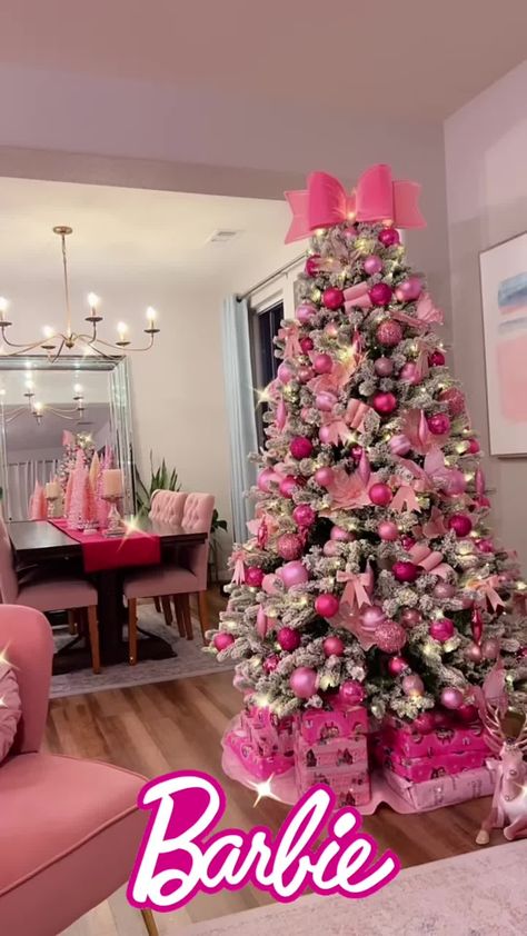 Find 'pink decor' on TikTok | TikTok Search Pink Barbie Christmas Tree, Hot Pink Christmas Aesthetic, Pink Christmas Living Room, Diy Pink Christmas Decorations, Christmas Tree Ideas Pink, Hot Pink Christmas Tree, Pink Christmas Tree Ideas, Barbie Tree, Barbie Christmas Tree