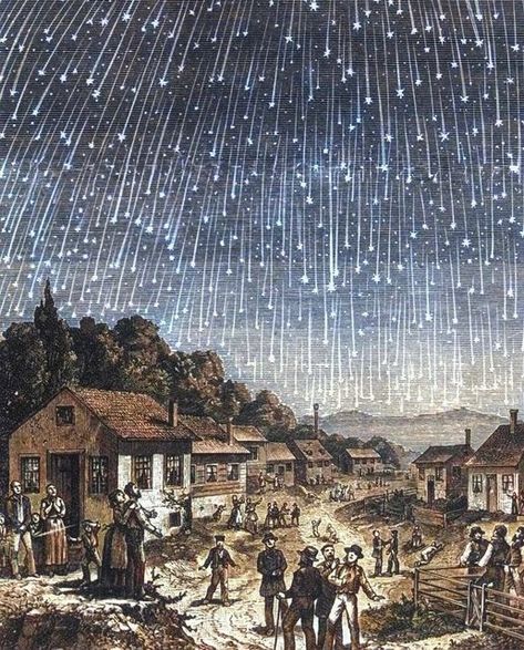 Trippy Visuals on Instagram: "The Leonid meteor storm was seen across the United States in the night and early morning of November 12th and 13th, 1833. Those who were awake to witness the storm were in awe as between 50,000 and 150,000 meteors fell each hour. Art by: Adolf Vollmy" Leonid Meteor Shower, British Steel, Citizen Science, The End Of The World, Space Images, Meteor Shower, Wood Engraving, Star Citizen, The Darkness