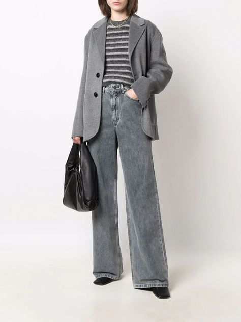 12 STOREEZ wide-leg high-rise Jeans - Farfetch Grey Wide Jeans Outfit, Grey Wide Leg Jeans Outfit, Wide Leg Denim Outfit, Womens Wide Leg Jeans, Baggy Cargo Jeans, Wide Leg Jeans Outfit, Outfits Con Jeans, Fashion Moodboard, Oversized Outfit