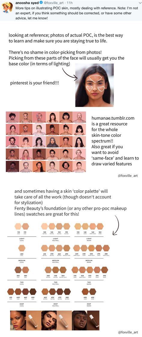 POC Skin reference tips from Anoosha Syed Skin Tones Reference, Asian Skin Tone Drawing, Poc Skin Tones, Filipino Skin Tone, Poc Skin Color Palette, Black Skin Shading Tutorial, Latino Skin Color Palette, How To Draw Asian Features, Dark Skin Shading Tutorial Digital