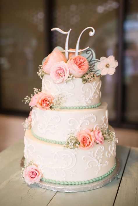 Three Tier Vintage Inspired Wedding Cake with Intricate Piping and Cascading Flowers Wedding Cake Images, Tiered Cake Design, 3 Tier Wedding Cakes, Wedding Cake Pictures, Small Wedding Cakes, Fresh Flower Cake, Floral Wedding Cake, Pink Wedding Cake, Wedding Cakes Vintage