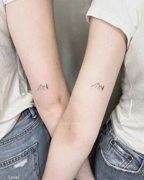 Matching Adventure Tattoos, Best Friend Tattoos Mountains, Friend Mountain Tattoo, Friendship Mountain Tattoos, Matching Moutain Tattoos, Couples Tattoos Mountains, Best Friend Mountain Tattoos, Nature Matching Tattoos, Pnw Minimalist Tattoo