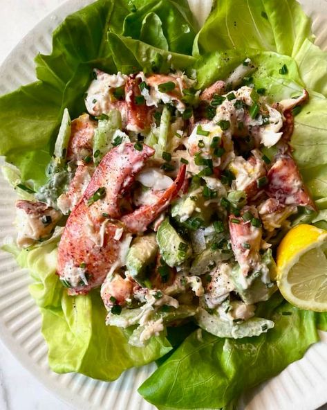 Lobster salad (lobster meat, mayo, lemon and herbs, tossed together) over a bed of butter lettuce leaves. Seafood Dinners, Lobster Salad, Butter Lettuce, Enchilada Casserole Recipes, Salad With Avocado, How To Cook Lobster, Chicken Enchilada Casserole, Lobster Meat, Lobster Recipes