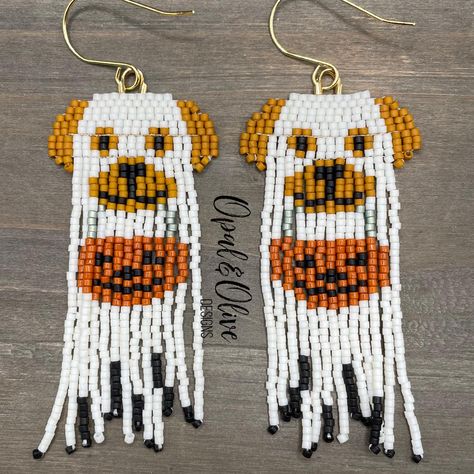 Beaded Brick Stitch Earrings, Halloween Beading, Fall Bead, Homemade Halloween Decorations, Holiday Beading, Beaded Fringe Earrings, Bead Loom Pattern, Miyuki Delica Beads, Native American Beaded Earrings