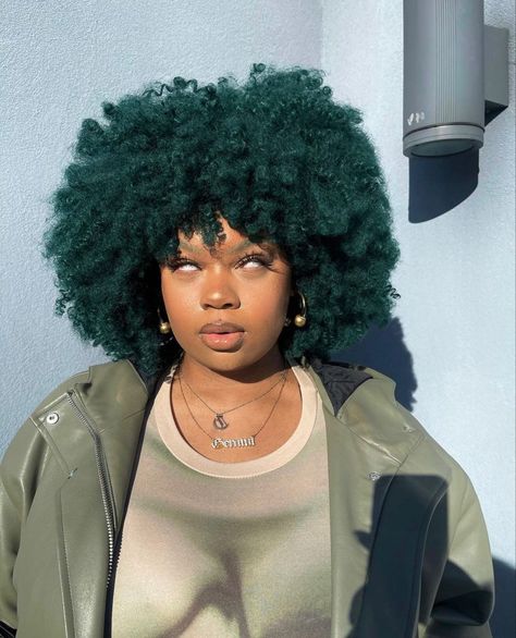 New to Green Hair Stunning Colors You Can Try Green Afro Hair Black Women, Green Hair For Black Women, Green Curly Hair Black Women, Forest Green Hair Black Women, Neon Green Curly Hair, Green Dyed Hair Black Women, Dark Green Dyed Hair, Dark Green Hair Curly, Green Hair Color Black Women