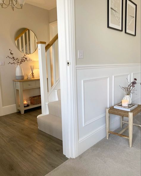 Entrance Hall Ideas Panelling, Small Panelled Hallway, Cream Painted Paneling, Hallway Landing Ideas, Stair Panelling, Cream Hallway, Small Entrance Halls, Beige Hallway, Stairs And Hallway Ideas