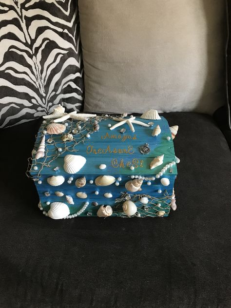 Under the Sea Treasure Chest Card Box, Hand Made #mermaid #mermaidbirthdayparty #firstbirthday #diy #underthesea #treasurechest #cardbox #birthday #beach #shells Senior Box Ocean Theme, Mermaid Treasure Chest Diy, Mermaid Money, Mermaid Treasure Chest, Chests Diy, Under The Sea Crafts, Sea Activities, Sea Shells Diy, Sea Gifts