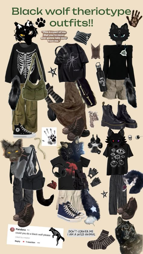 Black Wolf Therian, Dark Grunge Outfits, Wolf Therian, Werewolf Aesthetic, Black Cat Aesthetic, Emo Outfits, Black Wolf, Vibe Clothes, Cool Fits