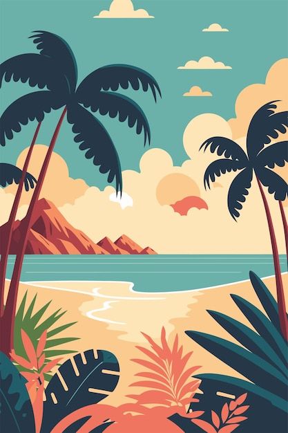 Animated Beach Aesthetic, Beach Artwork Illustrations, Beach Graphic Illustration, Vintage Beach Design, Summer Vector Art, Tropical Beach Illustration, Beach Vector Art, Tropical Island Illustration, Summer Vector Illustrations