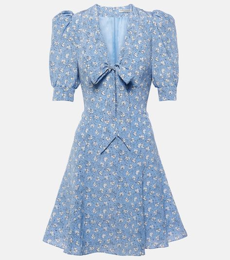 Bow-detail printed silk minidress in blue - Alessandra Rich | Mytheresa Miu Miu Long Dress, Alessandra Rich Dresses, Border Print Dress, Dressy Blouses, Dress Reference, Rich Clothes, Blue Outfits, Dressy Blouse, Alessandra Rich